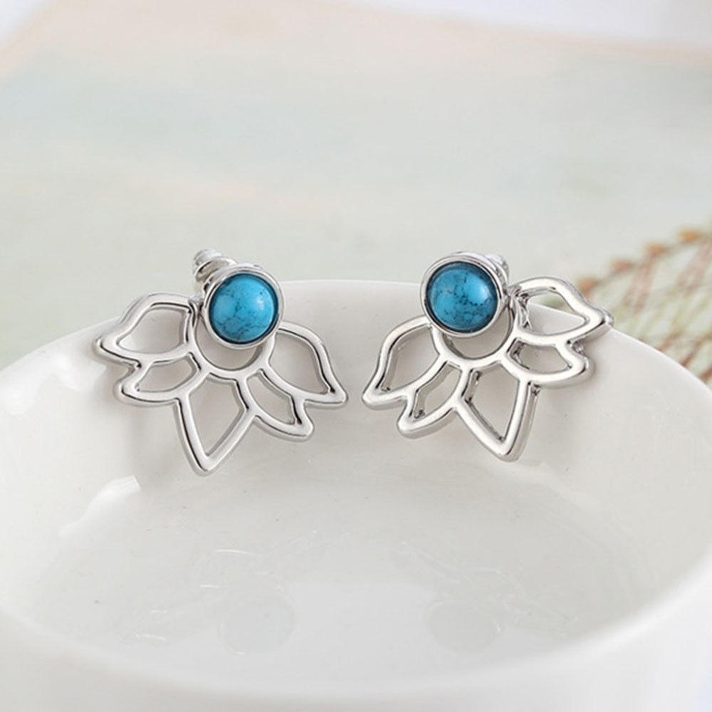 Silver Lotus Flower Blue Stone Jacket Earring - Picture 1 of 5